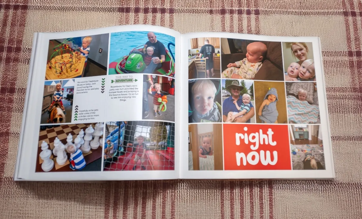 Cloth-bound photo book opened to show professional binding and lay-flat pages