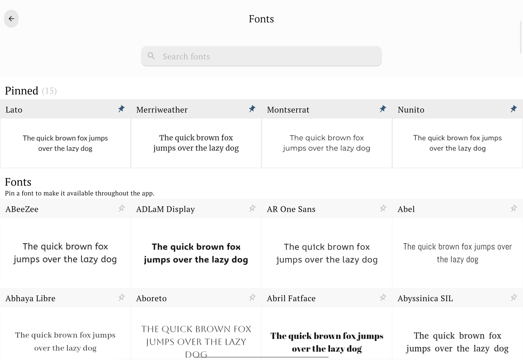 Font selection panel